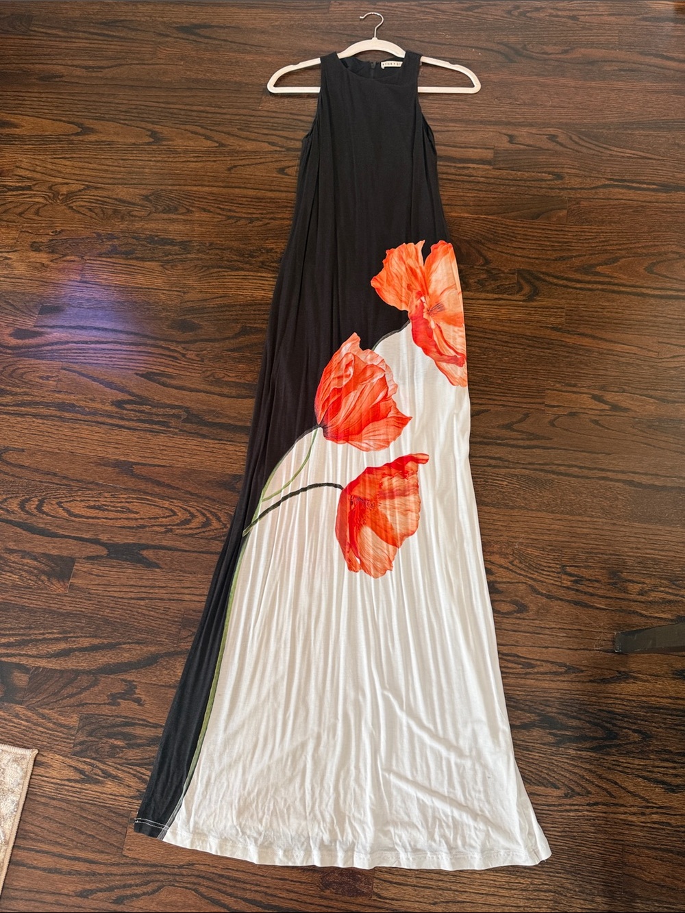 Alice + Olivia Black & White Maxi Dress with Orange Floral Print - Picture 3 of 5